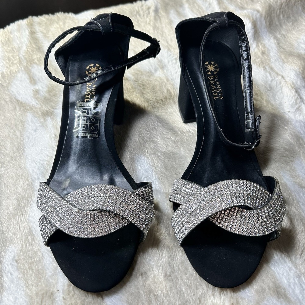 Planeta Brasil Women Black Rhinestone Block Heel Ankle Strap Sandals Size 37 6.5 - Picture 7 of 11